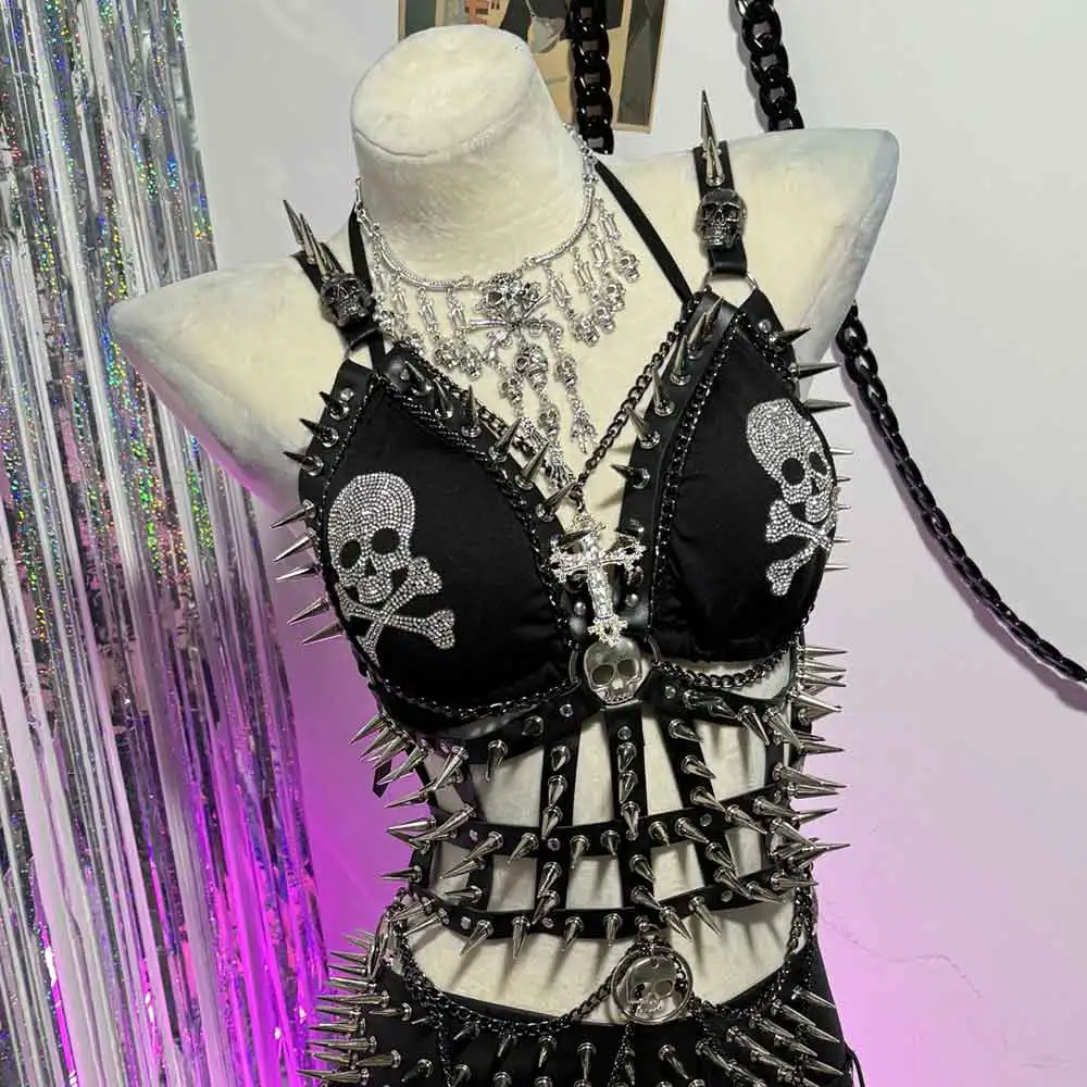 90s Punk Rock E-Girls Spike Studded Rivet Pin Gothic Skull Hand Made Club Wear 2025 Y2K TOPS Grunge Goth Emo Eco DIY Harajuku