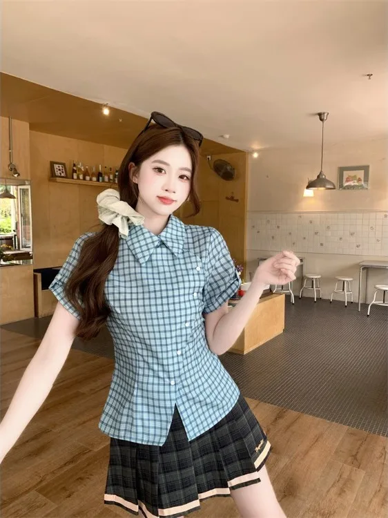 

plus Size Women's American Retro Blue Plaid Short Sleeve Shirt Versatile Skirt 2026 Summer Fashion Set Loose Fit Breathable