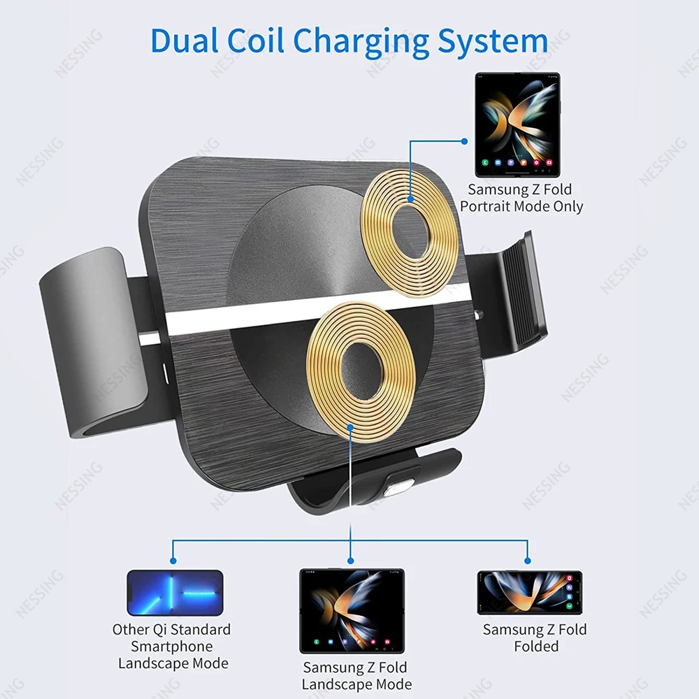 Imagem -06 - Braçadeira Automática Suporte de Navegação Horizontal Carregador Carro sem Fio para Samsung Galaxy Fold z Fold S23 Ultra S22 S21 Note 20 10 Iphone 14 13 12 11 Pro Max Xiaomi Pixel Pro Huawei Titular