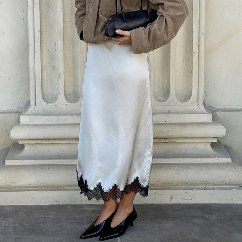 Linad الشارع شيك الأبيض الدانتيل التنانير الطويلة للمرأة أنيقة الساتان ميدي العجل تنورة الإناث الخريف موضة التنانير الحريرية فضفاضة 2025