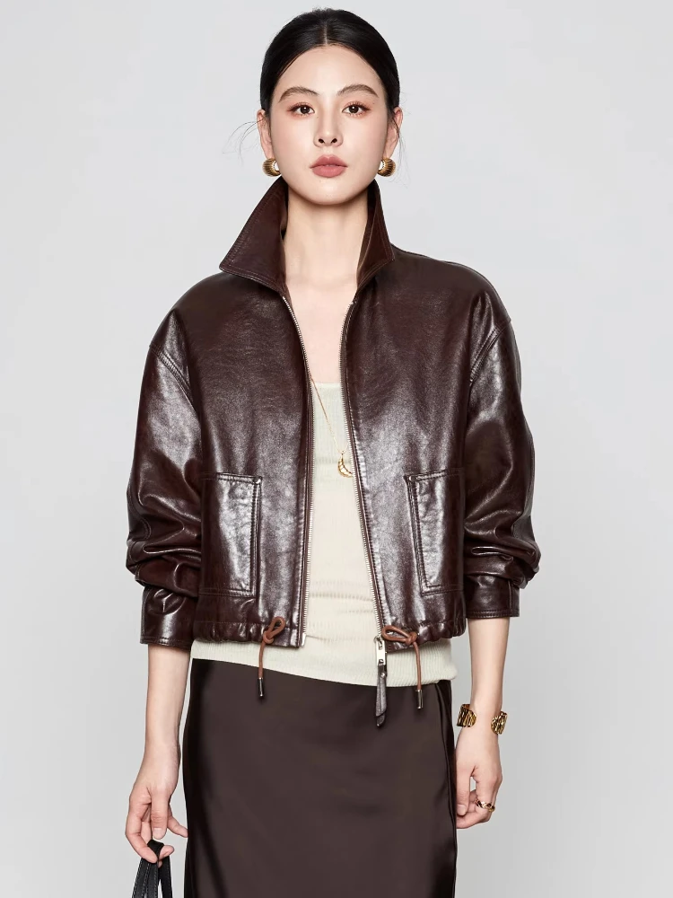 

Slim Cropped Genuine Leather Motorcycle Jackets for Women Spring Autumn High-end Simple Vintage Soft Oil Wax Real Sheepskin Coat