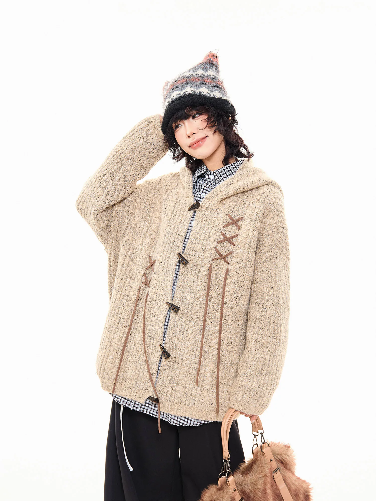 MIKYO Amerikaanse retro gedraaide gebreide muts konijnenoor hoodie dames herfst luie sle knop vest jas casual comfortabel