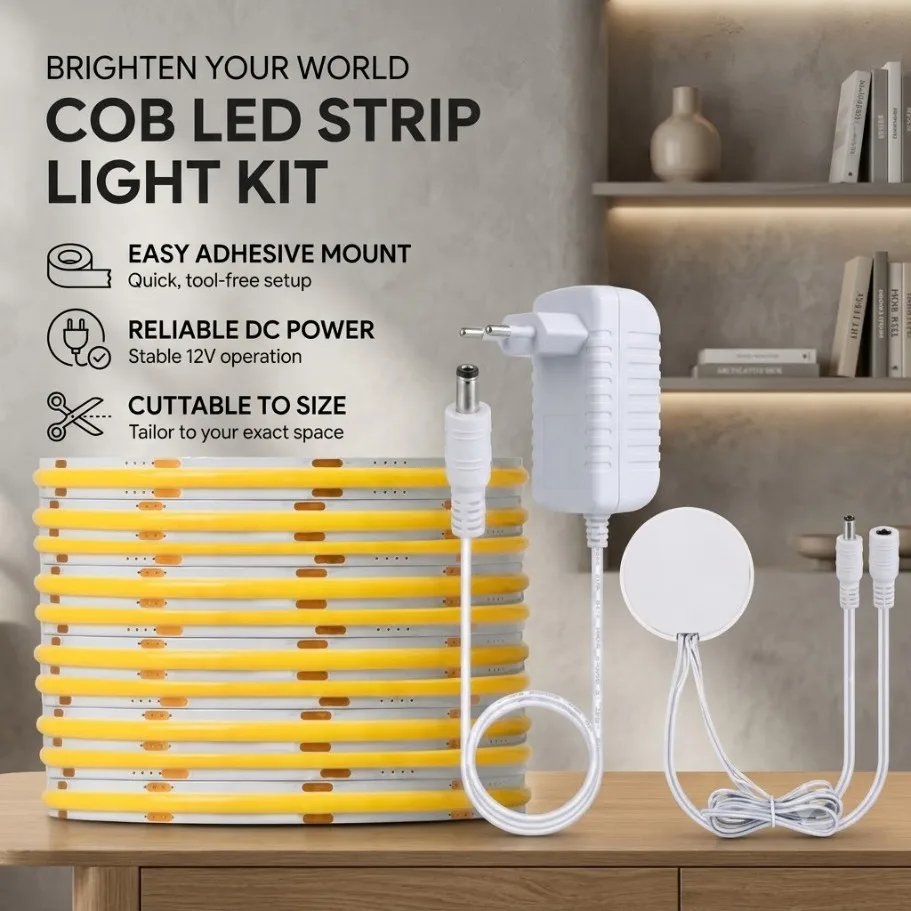 DC12V 24V 8mm Ultra Thin COB LED Strip 320LEDs/m with Dimmable Touch Sensor EU/US Power Plug Kit for Home Bedroom Lighting Decor