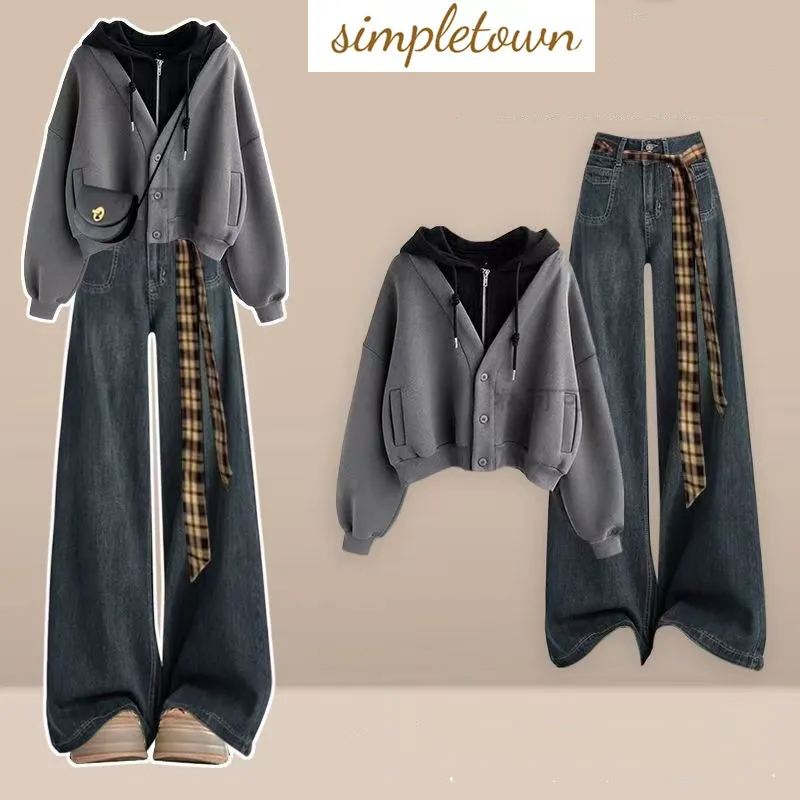 

Casual Women's Set Autumn and Winter Korean Version Fake Two-piece Top+loose Slimming Straight Leg Pants Two-piece Set