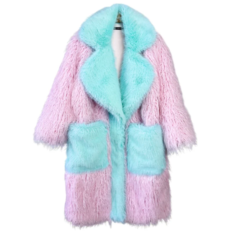 Lady Lilac Faux Fur Coat Lapel Loose Shaggy Outerwear Long Jacket Female Streetwear Women\'s Winter Coats Performance Costume