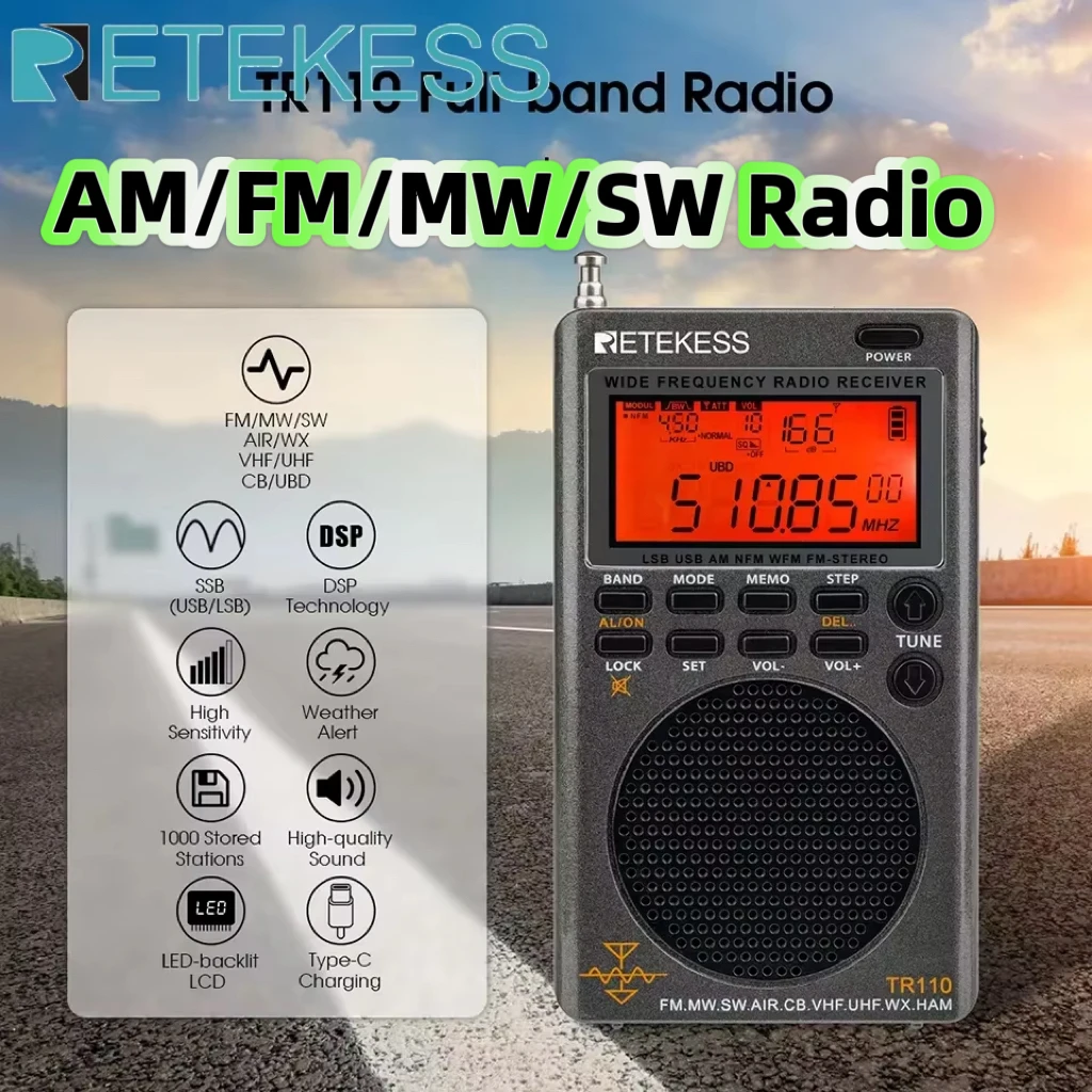 Retekess TR110 Portable SSB Shortwave Radio FM MW SW LSB AIR CB VHF UHF Full Band NOAA Alert Digital Radio Receiver for Outdoor