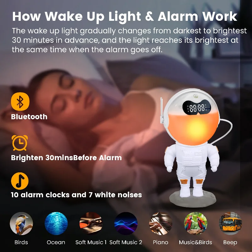 Astronaut Wake-Up Light Alarm Clock with Sunrise/Sunset Simulation Dual Alarm Night Light 7-Color Nature Sounds Snooze
