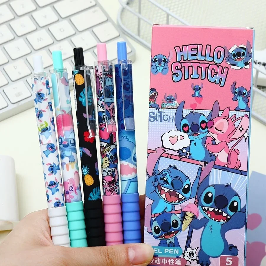 5pcs/box Disney Cute Stitch Ballpoint Pen, Push To Press 0.5mm Black Pen, Cartoon Student Stationery Gifts, Office Supplies