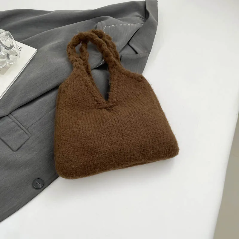 Women's Knitted Tote Bag Black V-Neck Shoulder Bag with Bowknot Twisted Handles Soft Cloud Bag for Fall Winter
