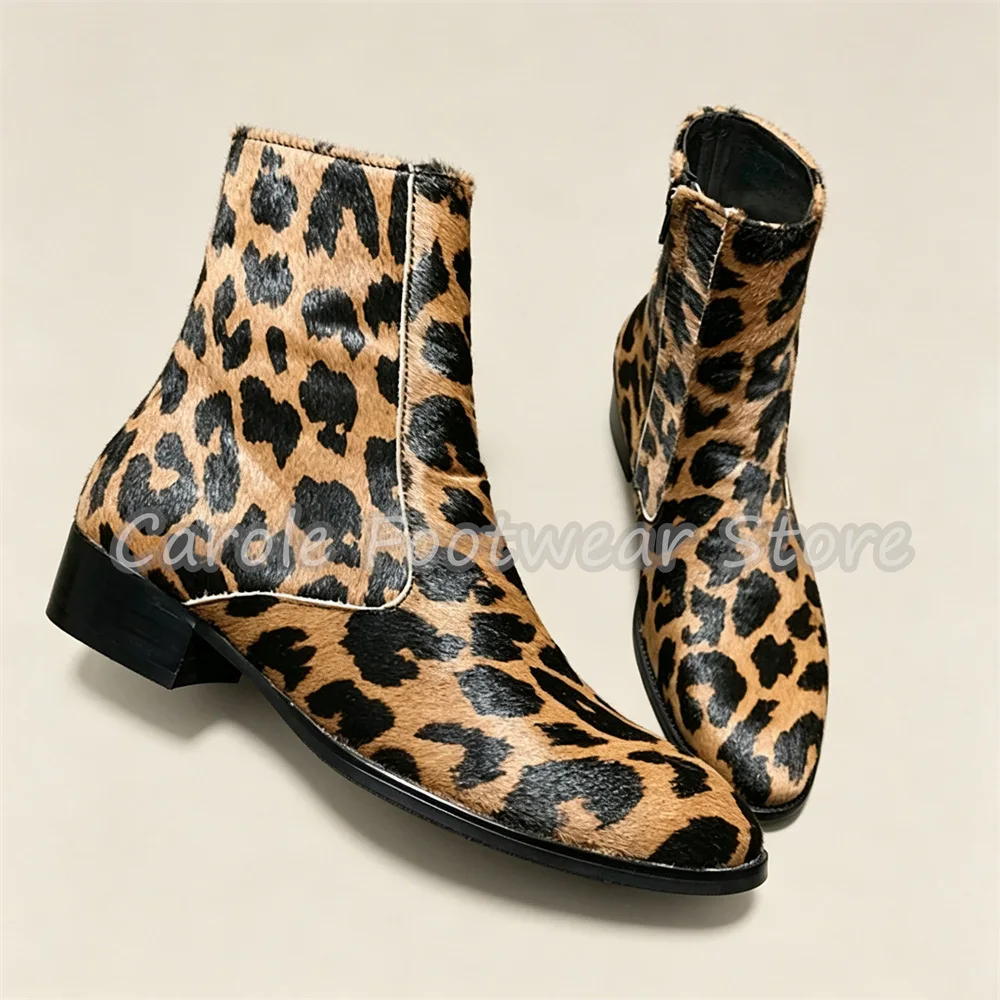 Handmade Leopard Print Genuine Leather Male Ankle Boots British Style Pointed Toe Chunky Heel Side Zipper Party Dress Boots