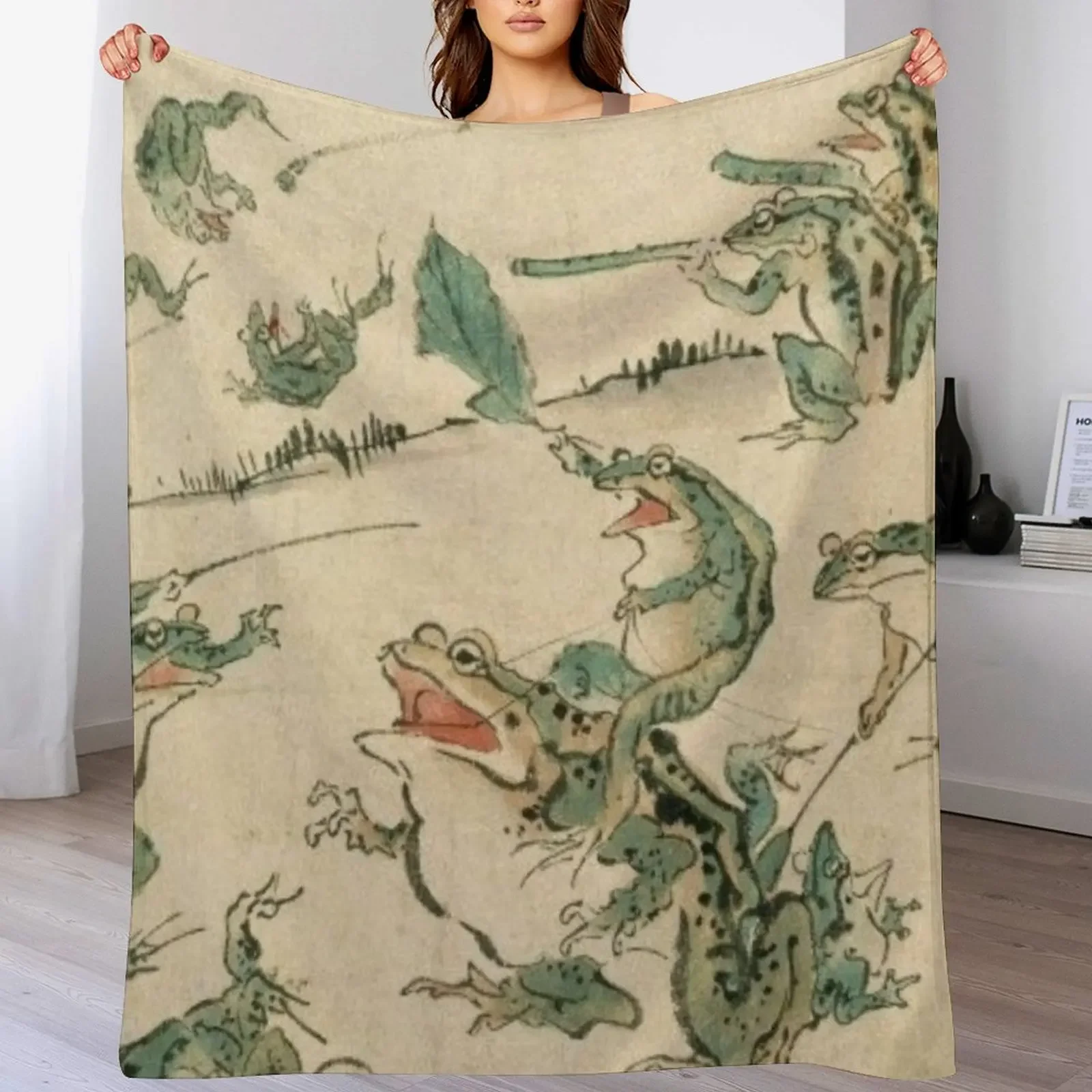 Frog Battle - Kawanabe Kyosai Throw Blanket Loose Flannel Blankets