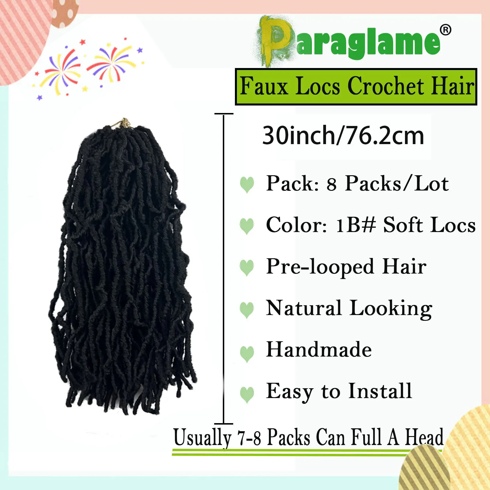 Faux Locs Crochet Hair, 30 Inch Soft Locs, 8 Packs Short Pre-Looped Crochet Locs, Straight Synthetic Hair Extensions, 1B Natural Black
