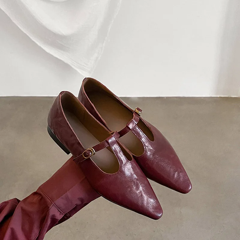 امرأة الشقق أبازيم ماري جين الربيع أحذية بسيطة الفتيات أشار تو الأحذية الرجعية T-حزام جلد طبيعي أحذية أنيقة #2