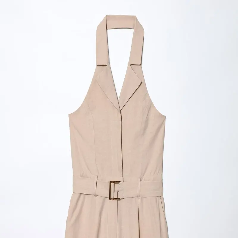 

Summer 2025 New Women's Long One-Piece Pantsuit Linen Hanging Collar Wide Leg Pants High Waist Commute Sle Faionable