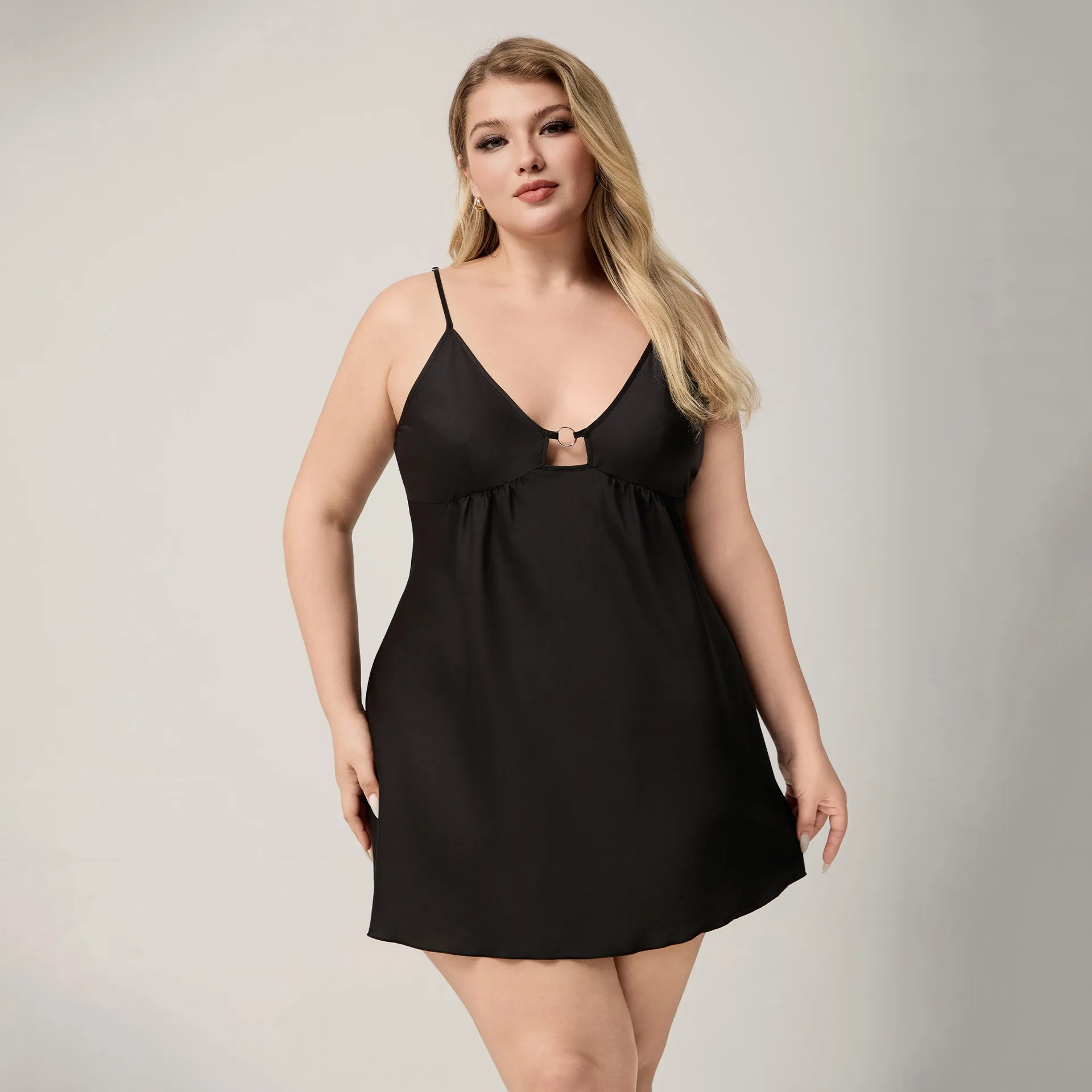 

Large Size 5XL Female Black Suspender Mini Nightgown Sleepwear Sexy Hollow Out Satin Nightdress Casual Home Dress Loungewear