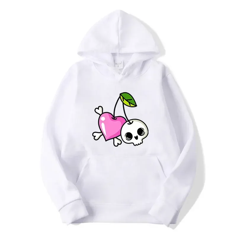 Felpe con cappuccio con stampa di teschio e cuore di ciliegia dolce Felpa allentata moda donna Top con cappuccio casual Hip Hop femminile streetwear