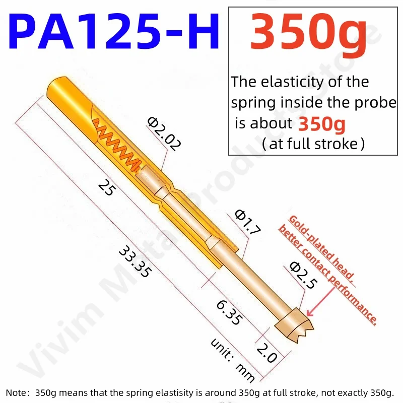 20/100PCS SpringTest Pin PA125-H 33.35mm 2.02mm 9-claw Tip Head 2.50mm Needle SpringTest Probe P125-H2 PogoPin P125-H 350g Force