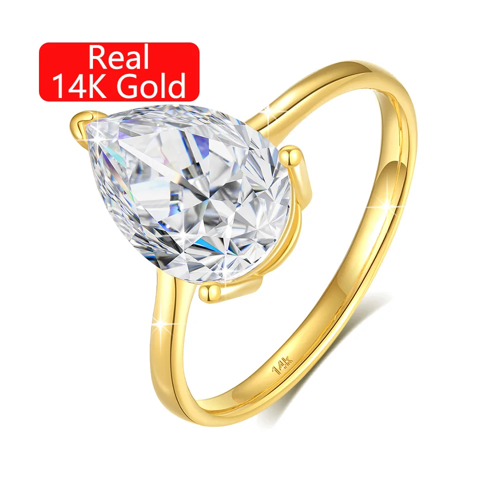 Real Gold Diamond Ring 2 Carat Pear Cut Moissanite Woman Engagement New Year Gift Hollow 14K Gold Jewelry