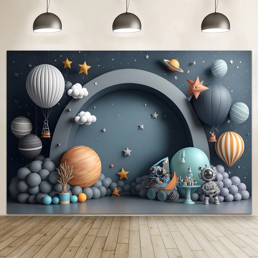 Niebieski statek kosmiczny chłopiec 1. urodziny tło 3D balon na ogrzane powietrze kreskówka astronauta ciasto zgniatanie tło fototapety do studia