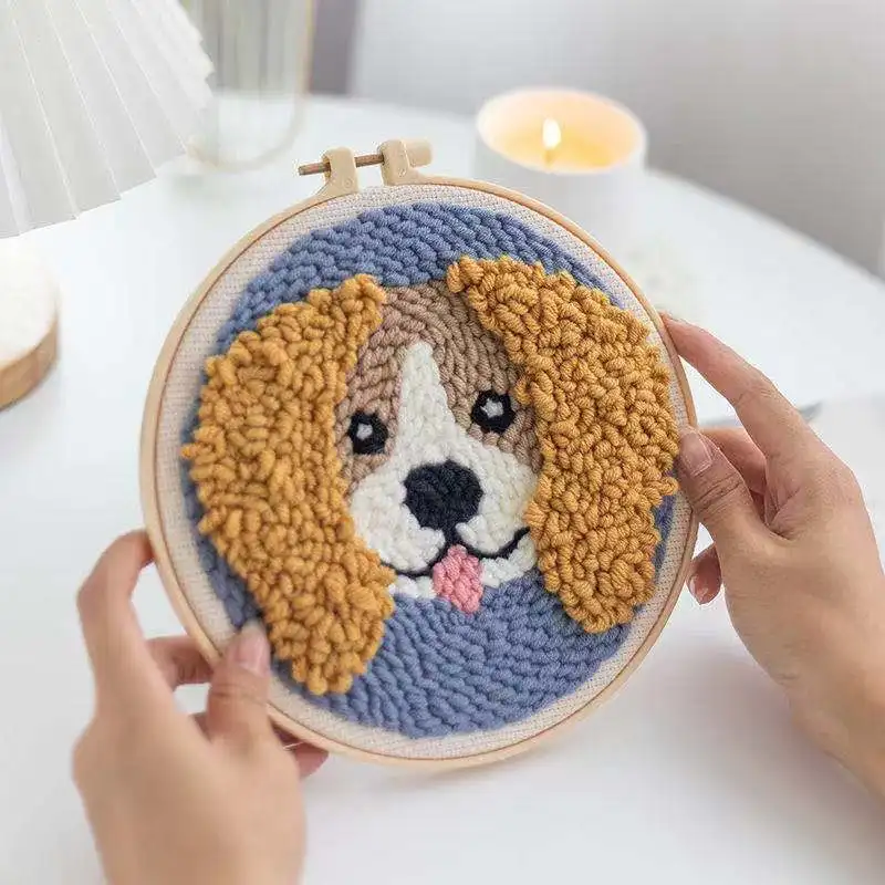 DIY Punch Needle Embroidery Dog Pattern Kit Threader Fabric Embroidery Hoop Yarn Rug Punch Needle Kits for Adults Kids Beginner