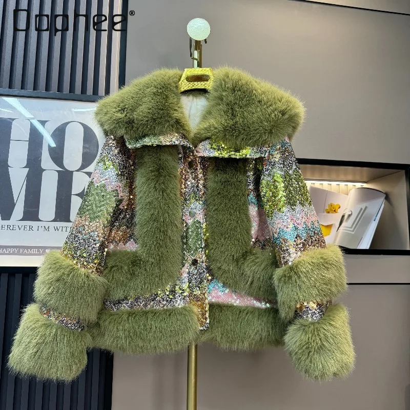 高級ファッションスパンコールエコフレンドリーファーコート女性用ヨーロッパ風新トレンド折り返し襟厚手暖かいミンクファーコート女性用