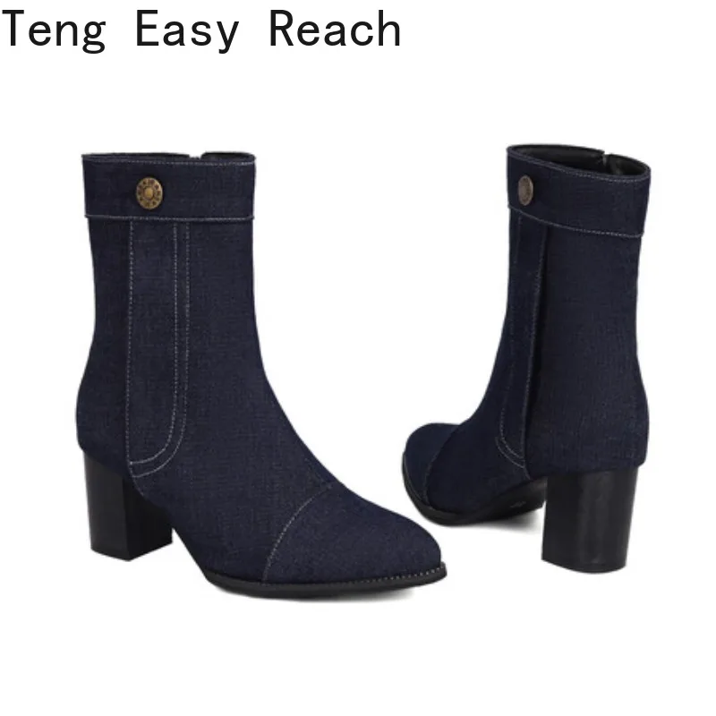 Women 2025 Autumn Pointed Toe Ankle Short Boot Woman Side Zip Thick Heeled Shoes New High Heels Blue Denim Boots view 5