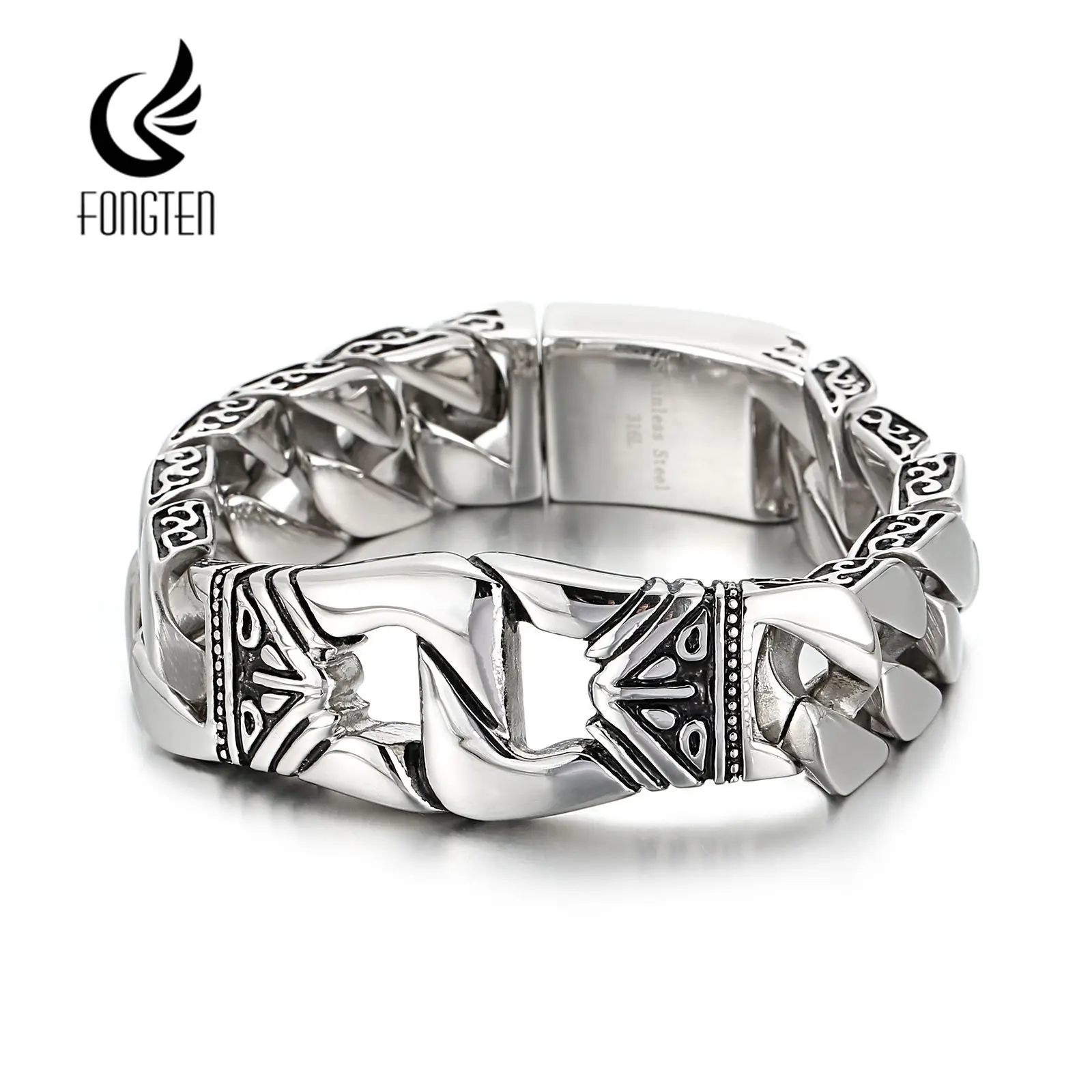 

Fongten Patterned Stainless Steel Bracelet For Men Shiny Cuban Chain Square Button Charms Male Silver Color Jewelry Couple Gifts