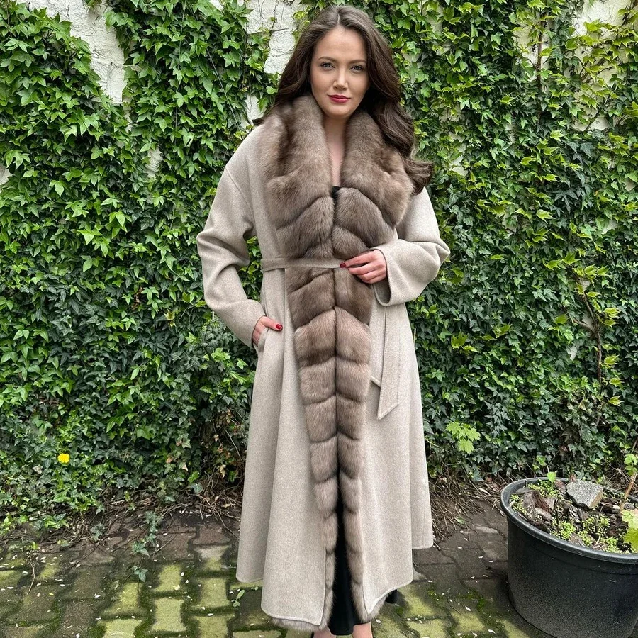 Women's Wool Blend Coat With Fox Fur Cashmere Wool Coat Winter Long Real Fox Fur Coat Luxury New Arrival 2024