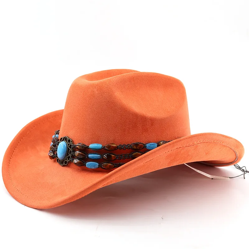 Western-Cowboyhut aus Wildleder zum Reiten für Männer und Frauen, Outdoor-Reisehut mit gerollter Krempe, Zylinderhut im Ethno-Stil, Filzhut – Detail 3
