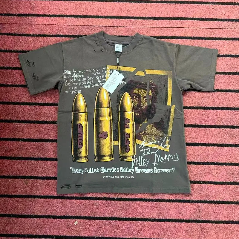 تي شيرت VALLEY Golden Bullet Print للرجال والنساء 1:1 أفضل جودة من القطن الخالص مقاس كبير تي شيرت علوي تي شيرت