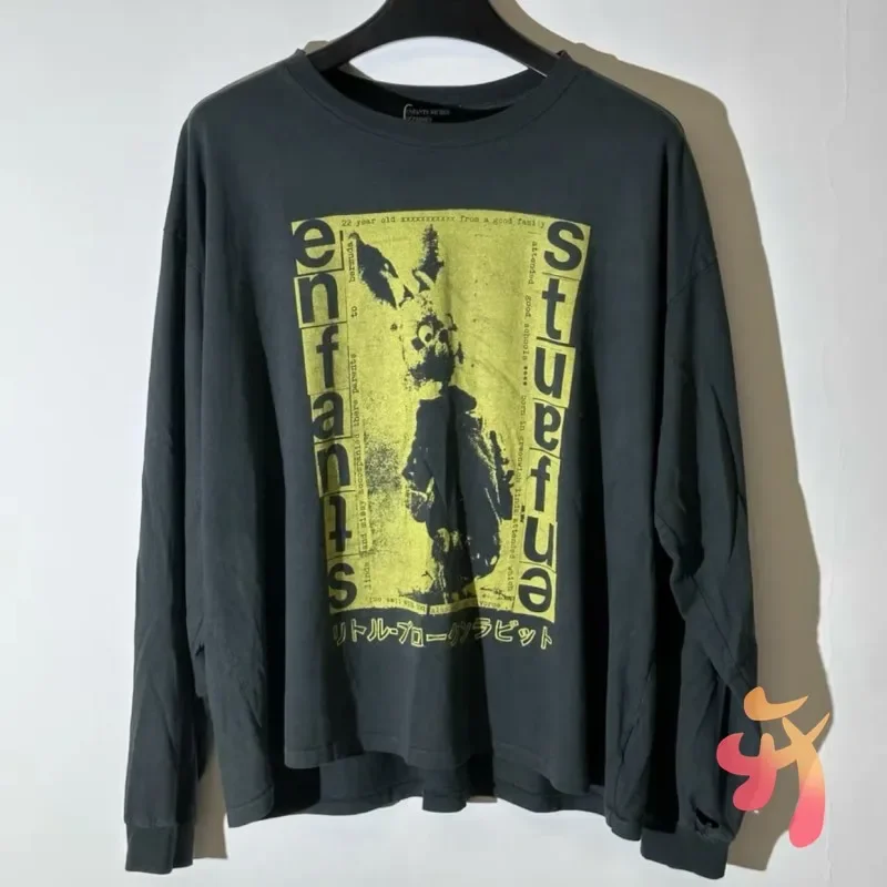 FW24 Street ERD Sweatshirts Vinatge Washed Hole Black Pullover Distressed Yellow Print Casual Loose Men Women Long Sleeve Tshirt