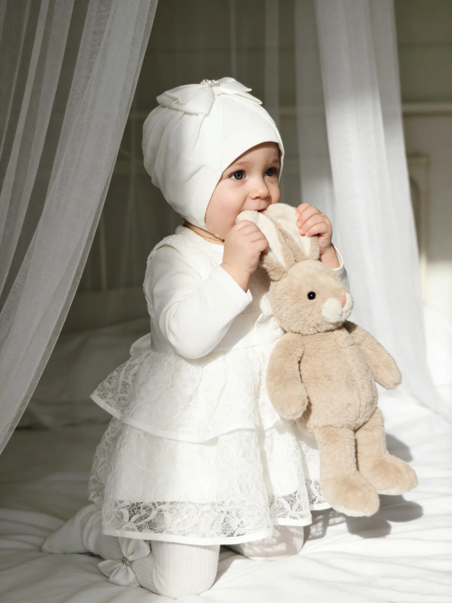 Elegant Baby Girl White Lace Dress Set - Bows & Hat - Premium for Baptism & Baby Shower