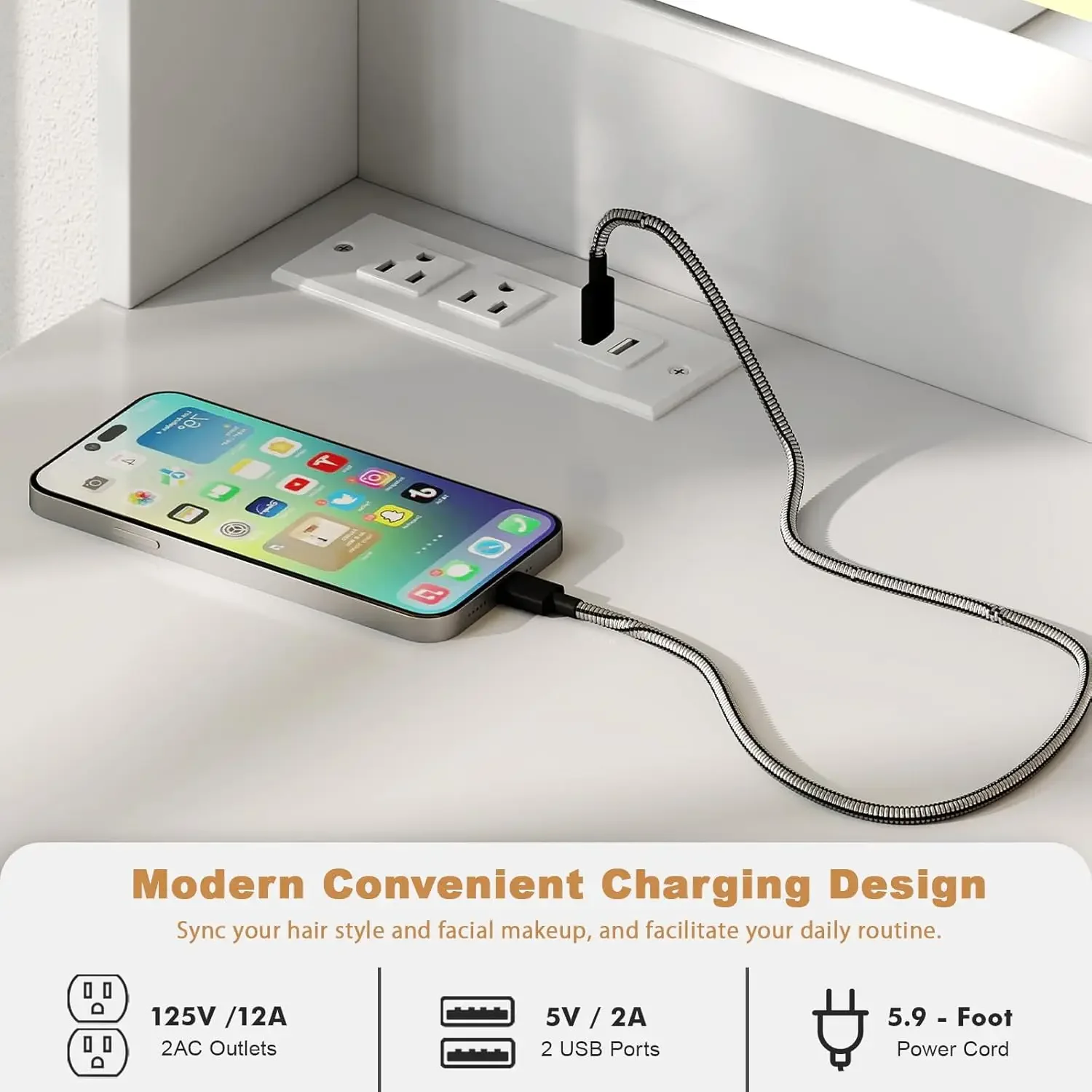 مكتب زينة أبيض مع مرآة وأضواء، مخرج طاقة LED، زينة مكياج مع درجين، 10 أرفف تخزين