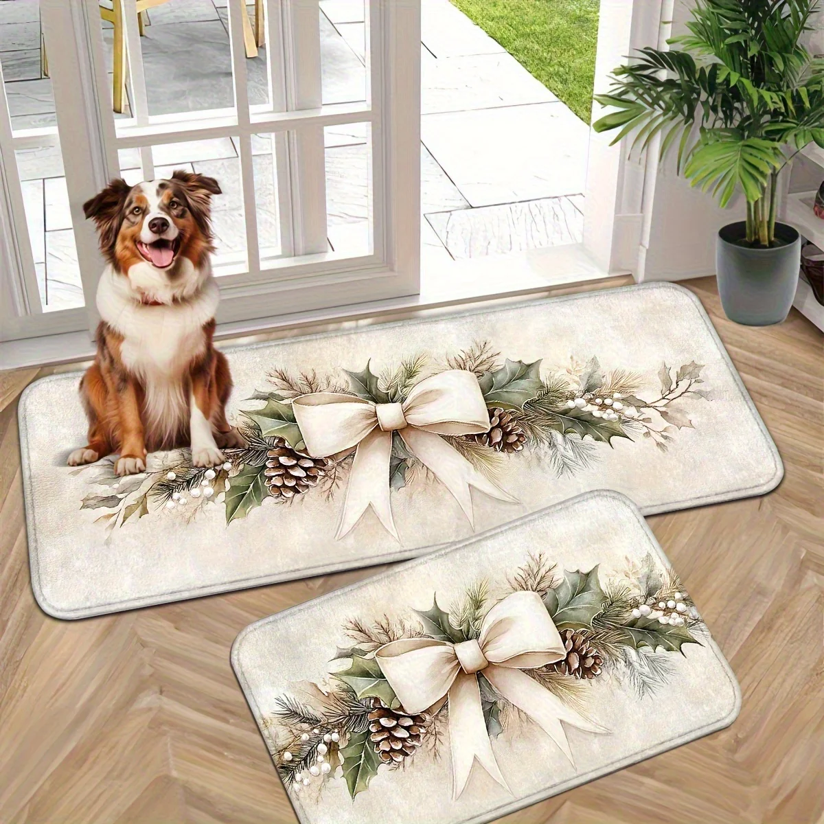 VIKAMA Christmas Kitchen Runner 2 Pack Non Slip Washable Xmas Pinecone Bow Floral Floor Mats Xmas Holiday Rug for Rustic