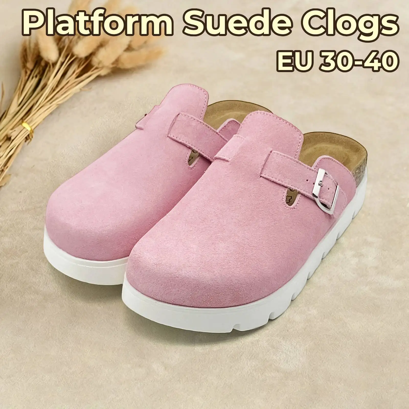 

Kids Platform Genuine Suede Clogs Arch Support Memory Foam Cork Footbed Adjustable Buckle Mules Slip-On Clog Boys, Girls & Women