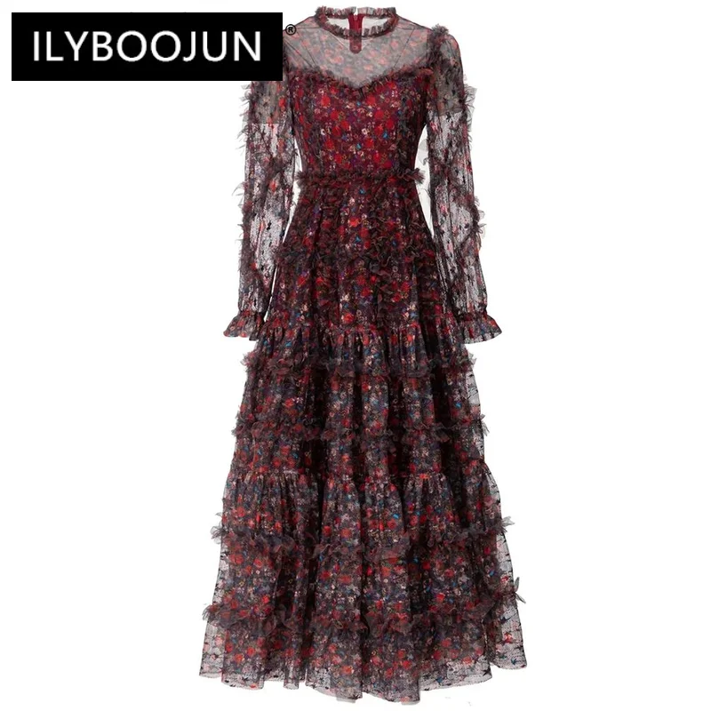 

ILYBOOJUN Fashion Designer Autumn Mesh Dress Women O-Neck Lantern SleevRuffles Flower Print VintagParty Long Dresses