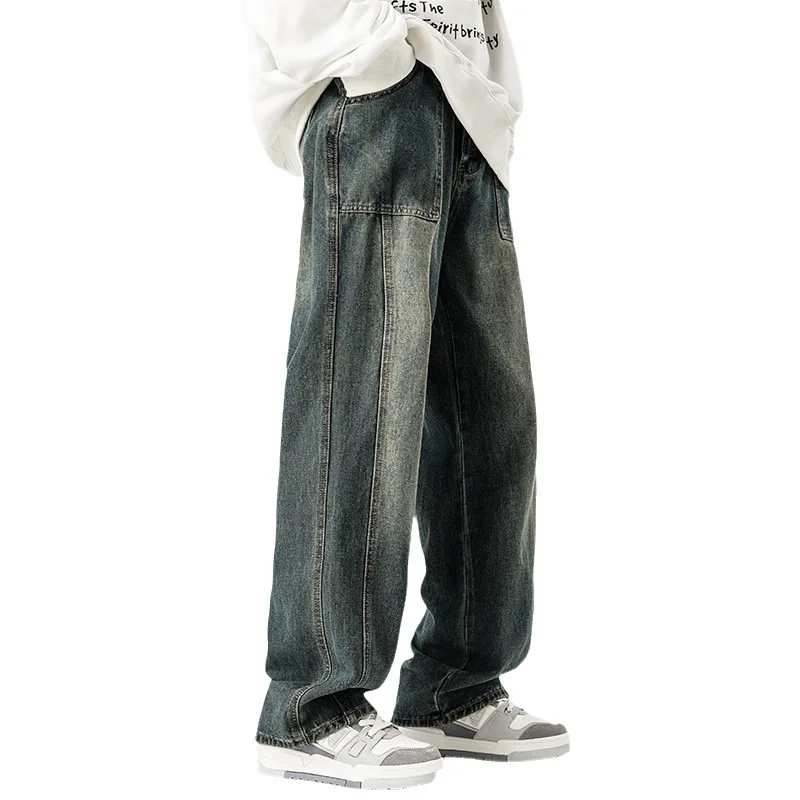 American fashion patchwork design jeans for men\'s autumn and winter straight high street pants wide leg jeans cargo pants men