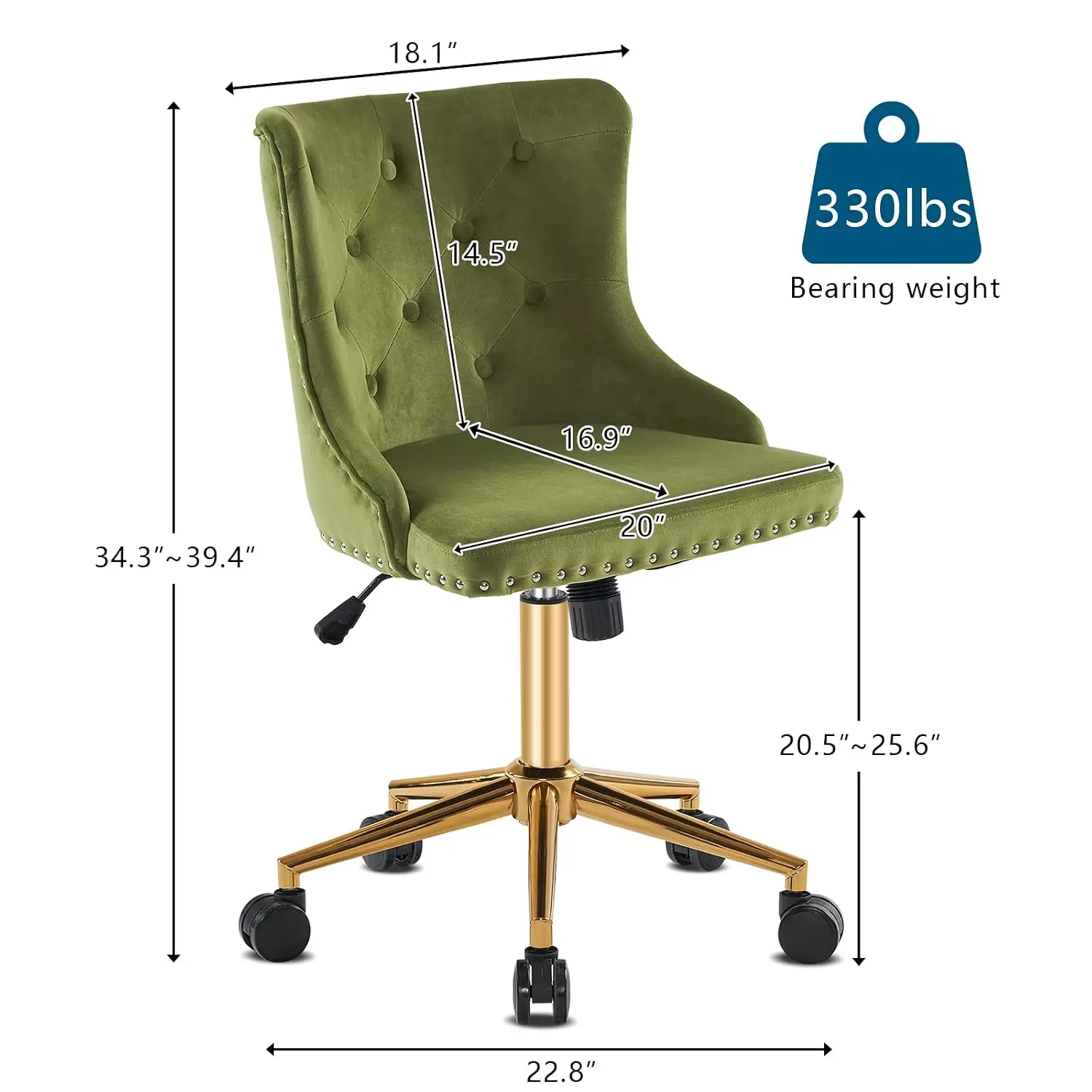 Olive Green Velvet Armless Office Desk Chair with Gold Base/Wheels, Small Cute Vanity/Makeup Chair with Back for Bedroom, Uphols