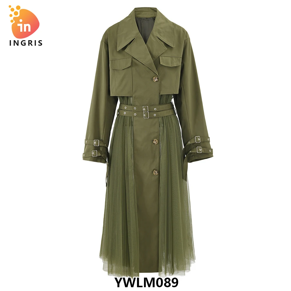 

French Niche Design Elegant Windbreaker New Mesh Splicing Loose Belted Slim Long Dress Coat for Women-YWLM089