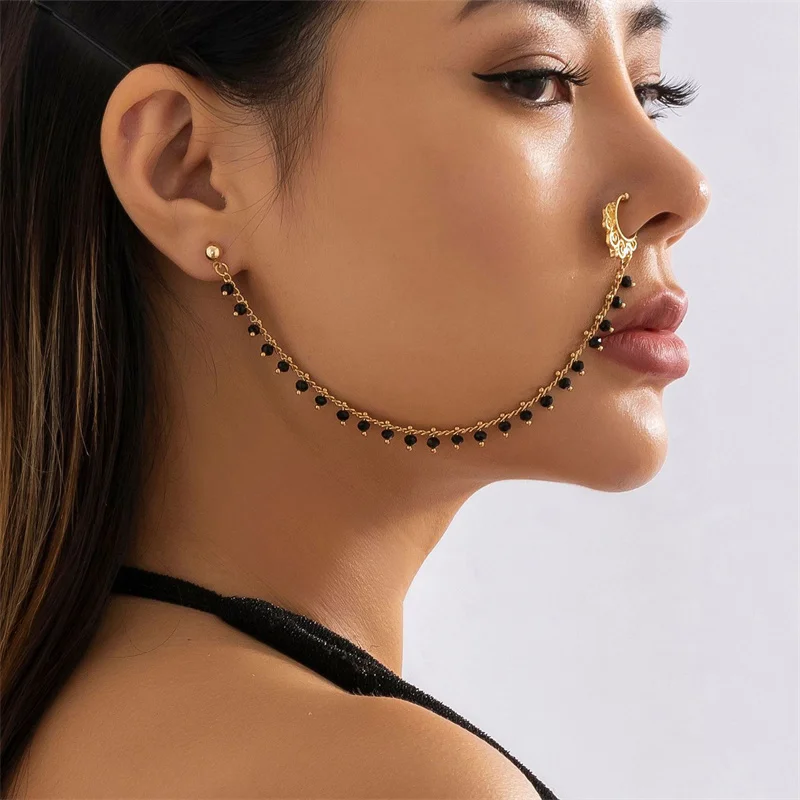 Fashion Bohemia Punk Sexy Alloy Women Earrings Geometric Colored Beads Pendant Tassel Chain Earring Fake Nose Piercing Nose Clip