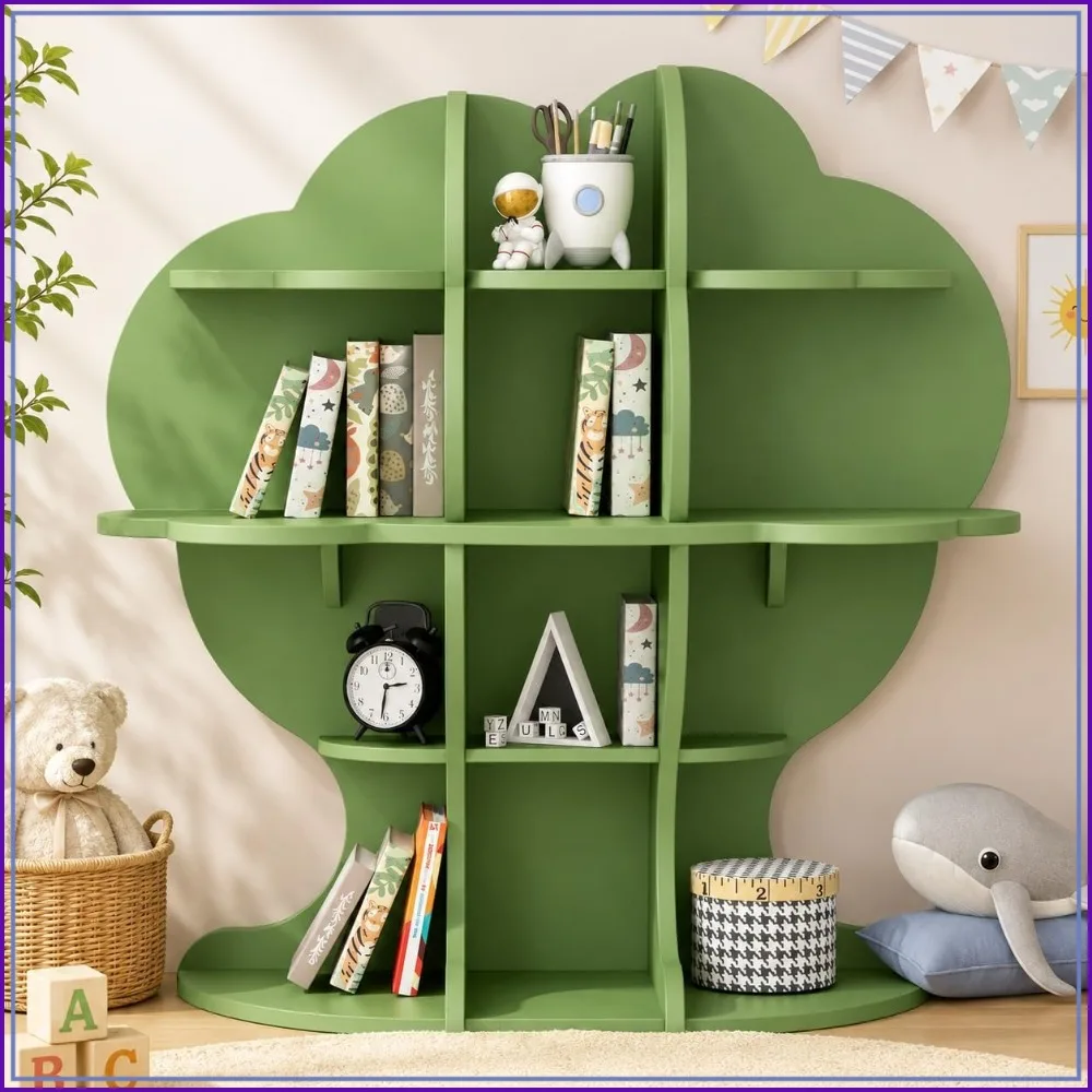 HedoAjim Christmas Tree Kids Bookshelf 4-Tier Wood Storage Rack