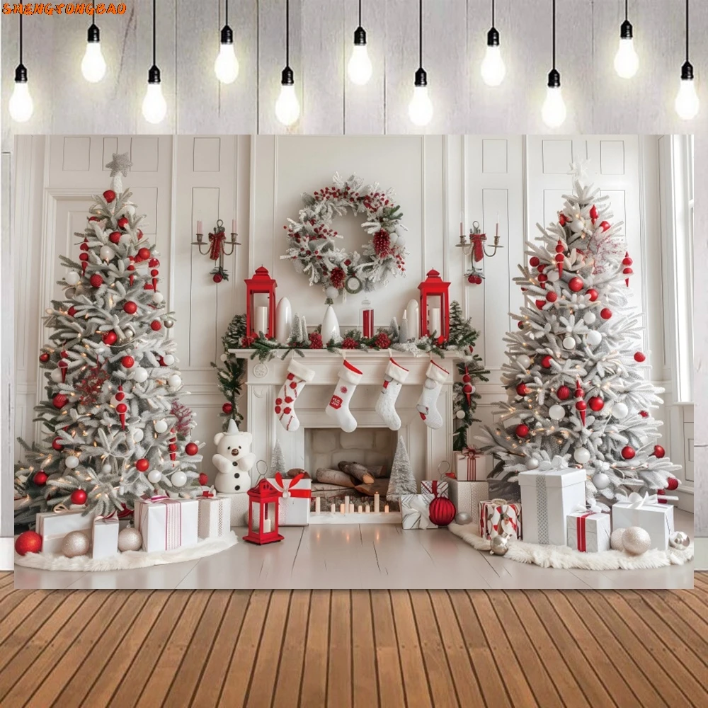 เตาผิงคริสต์มาสฉากหลัง Xmas Tree ของขวัญพวงหรีดหน้าต่างฉากภายในครอบครัวตกแต่งคริสต์มาสพื้นหลังการถ่ายภาพ