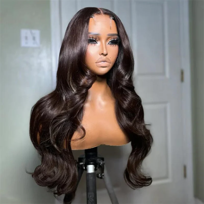 Glueless 180Density 26inch Dark Brown Body Wave 5x5 Silk Base Preplucked Jewish Human BabyHair HDLace Wig European Hair