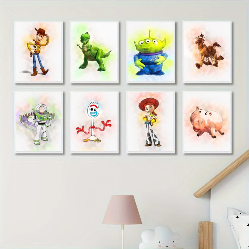 MINISO acuarela Disney Toy Story cartel Pixar lienzo pintura Woody Jessie Buzz Lightyear arte impresiones niños guardería pared Pict