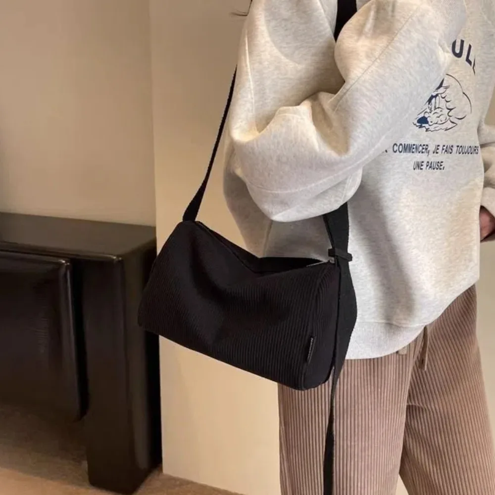 

New Soft Corduroy Shoulder Bag Korean Style Versatile Striped Handbag Large Capacity Solid Color Pillow Shaped Bag Work