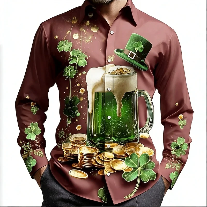 

Lucky grass pattern, men's long sleeved shirt, fashionable trend, loose top, casual and comfortable