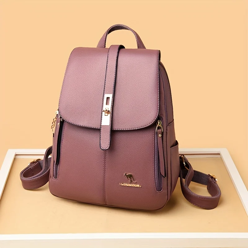 Elegant Wine Red Leather Backpack for Women, Multi-Pocket Anti-Theft Daypack with Logo, Stylish Travel & Daily Shoulder Tote Bag view 2