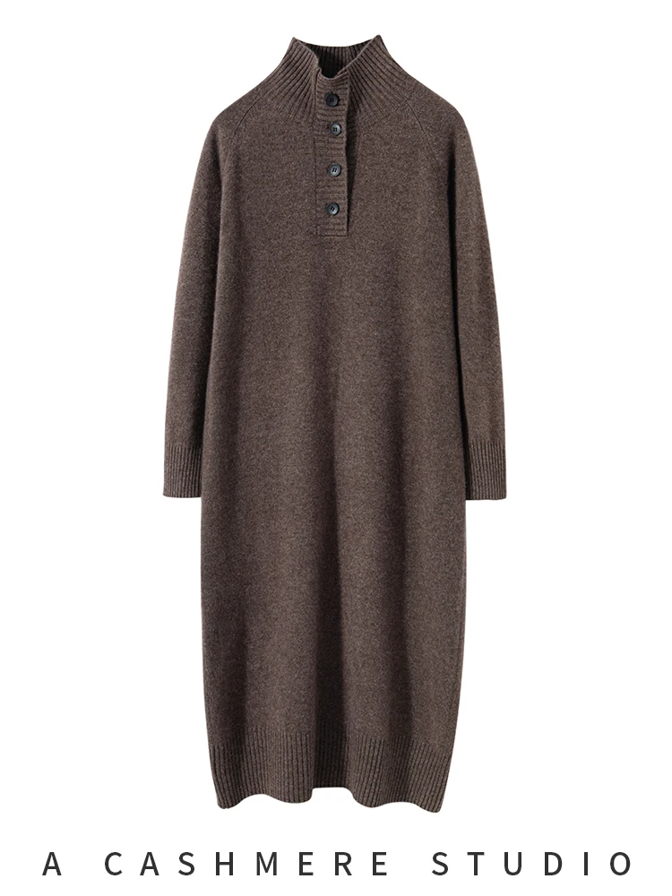 

Autumn Winter Thicken 100% Cashmere Sweater Dress Women's Turtleneck Pullover Straight Skirts Loose Raglan Sleeve Warm Knitwear