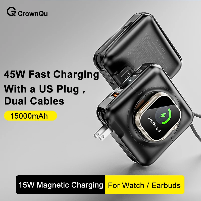15000mAh Magnetic Wireless Apple Watch Power Bank Type-C 45W Fast Charging With Dual Cables AC Plug for iPhone Android Airpods