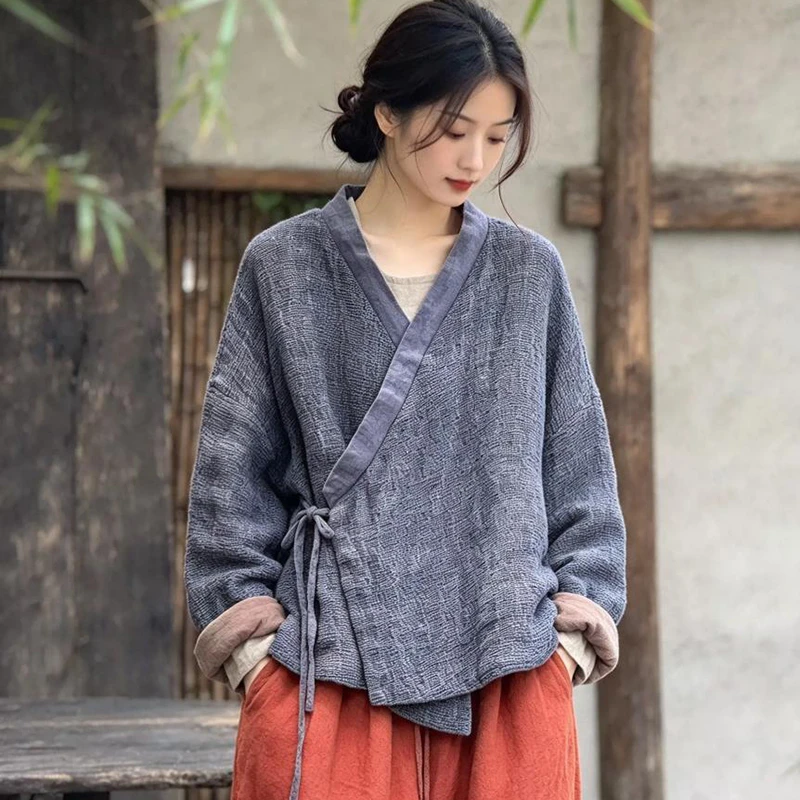 Women Cotton Linen Casual Coats New Arrival 2026 Autumn Chinese Zen Style V-neck Solid Color Loose Female Outerwear Shirt M3098